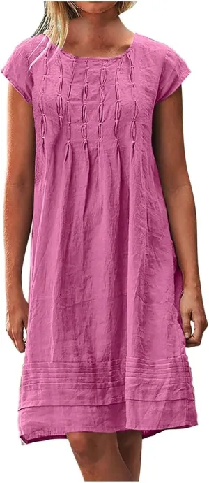 Women's Cotton Linen Midi Dress Plus Size Cap Sleeve Pleated Summer Dresses Vacation 2025 Crew Neck Casual Dress