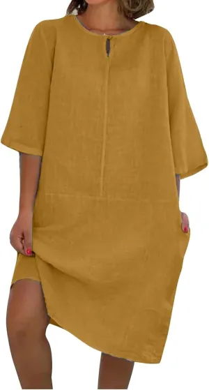 Womens Cotton Linen Shift Dress Summer Midi Dresses with Pockets Oversized Casual T-Shirt Dresses Solid Shirt Dress