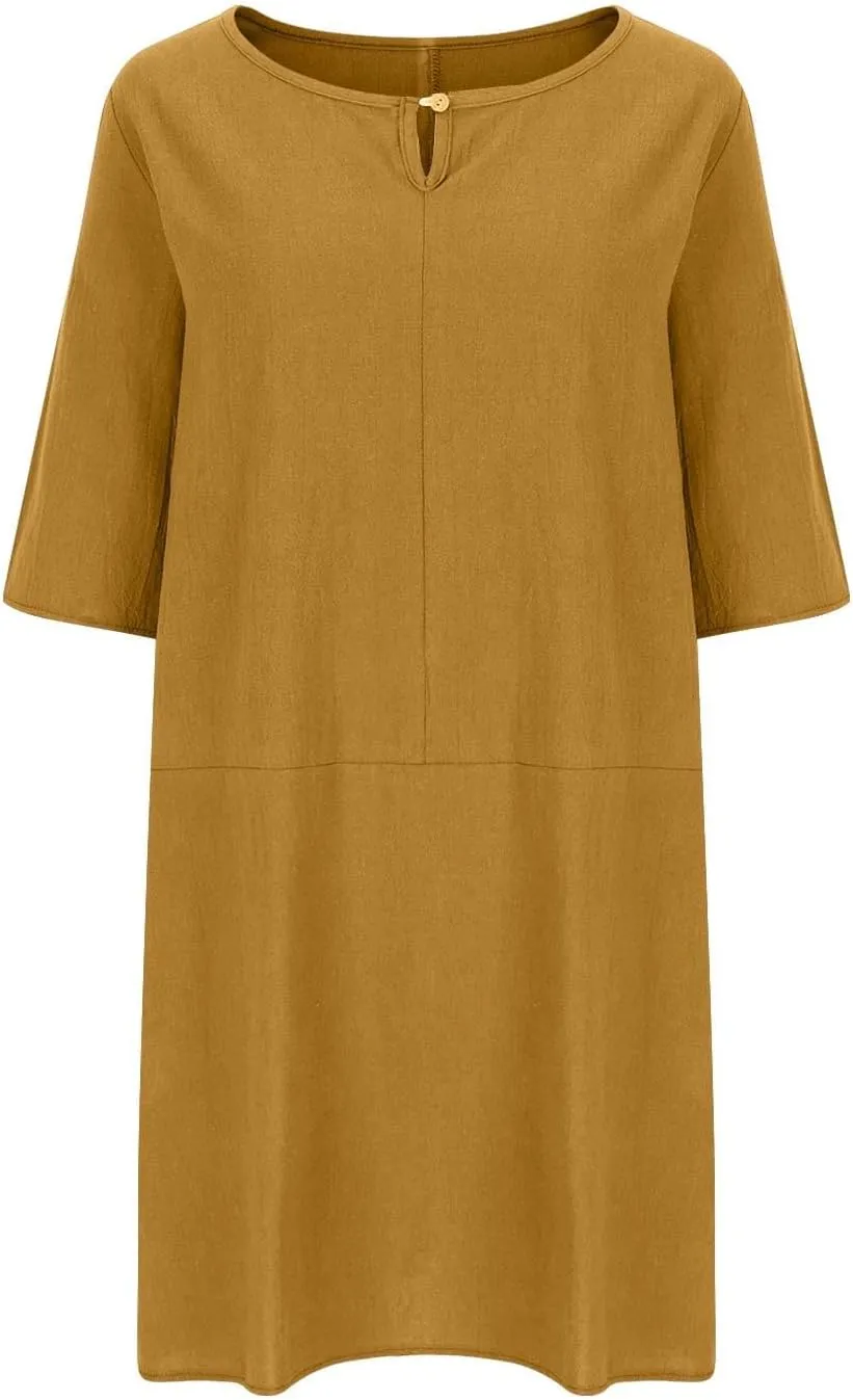 Womens Cotton Linen Shift Dress Summer Midi Dresses with Pockets Oversized Casual T-Shirt Dresses Solid Shirt Dress