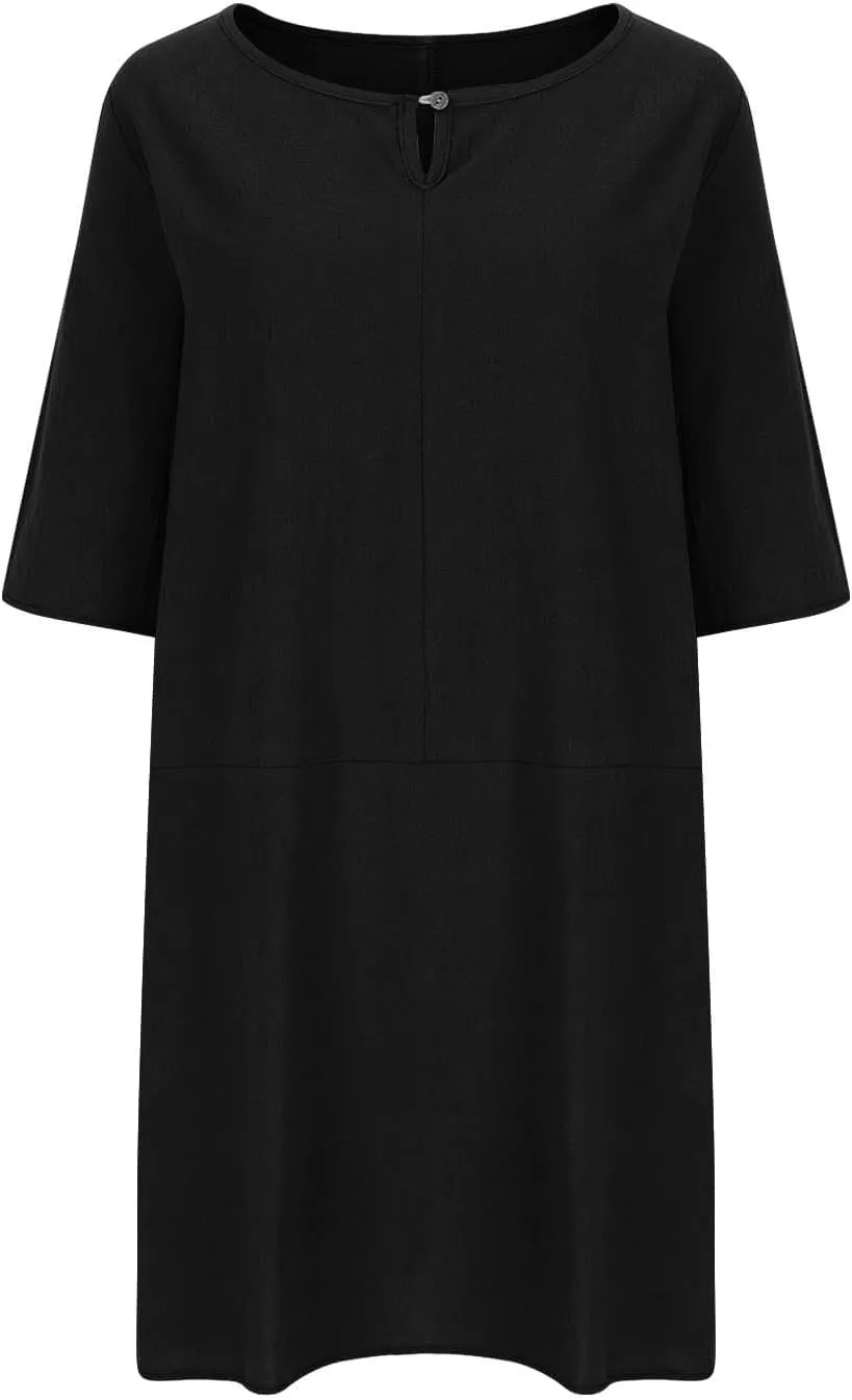 Womens Cotton Linen Shift Dress Summer Midi Dresses with Pockets Oversized Casual T-Shirt Dresses Solid Shirt Dress
