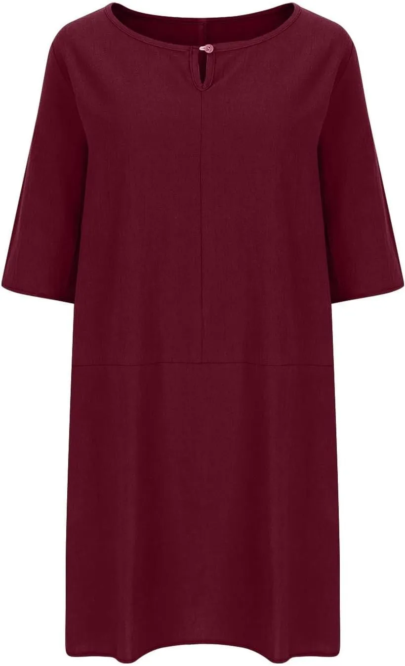 Womens Cotton Linen Shift Dress Summer Midi Dresses with Pockets Oversized Casual T-Shirt Dresses Solid Shirt Dress