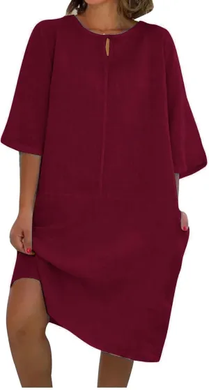 Womens Cotton Linen Shift Dress Summer Midi Dresses with Pockets Oversized Casual T-Shirt Dresses Solid Shirt Dress