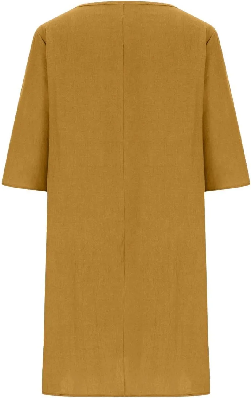 Womens Cotton Linen Shift Dress Summer Midi Dresses with Pockets Oversized Casual T-Shirt Dresses Solid Shirt Dress