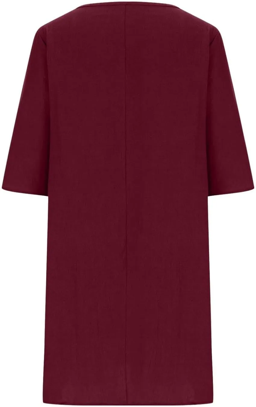 Womens Cotton Linen Shift Dress Summer Midi Dresses with Pockets Oversized Casual T-Shirt Dresses Solid Shirt Dress