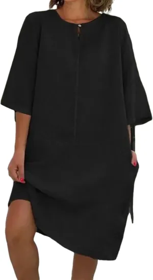 Womens Cotton Linen Shift Dress Summer Midi Dresses with Pockets Oversized Casual T-Shirt Dresses Solid Shirt Dress