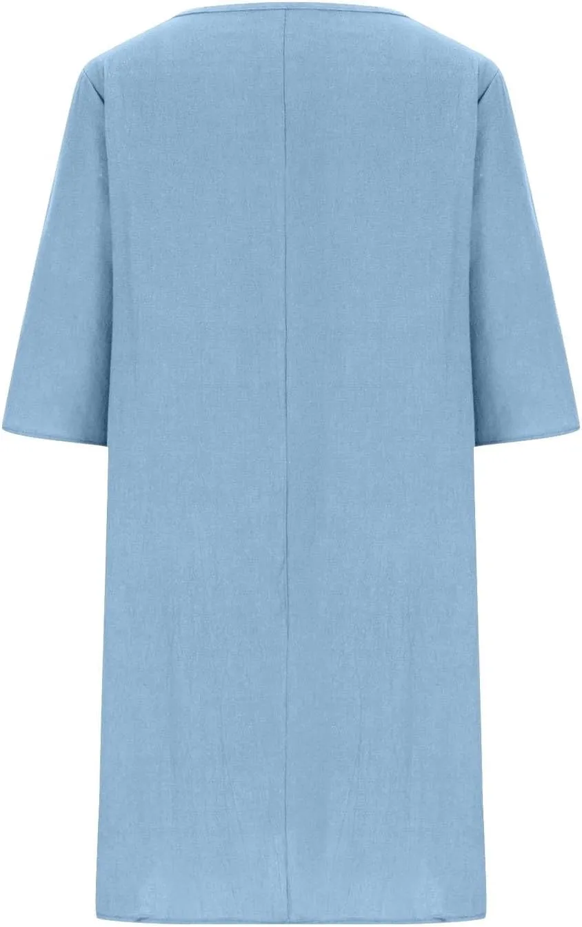 Womens Cotton Linen Shift Dress Summer Midi Dresses with Pockets Oversized Casual T-Shirt Dresses Solid Shirt Dress