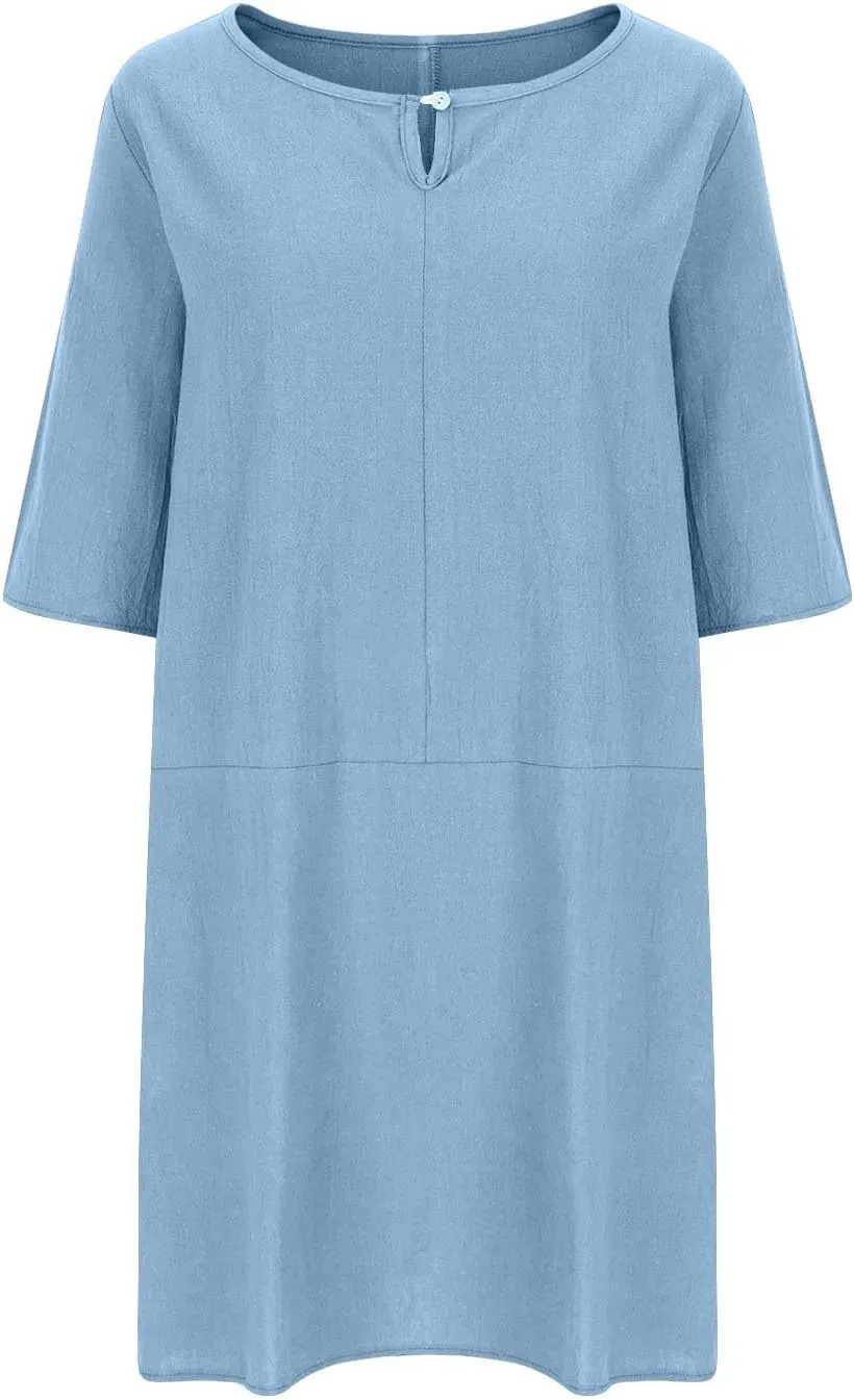 Womens Cotton Linen Shift Dress Summer Midi Dresses with Pockets Oversized Casual T-Shirt Dresses Solid Shirt Dress