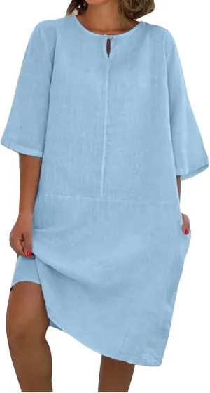 Womens Cotton Linen Shift Dress Summer Midi Dresses with Pockets Oversized Casual T-Shirt Dresses Solid Shirt Dress