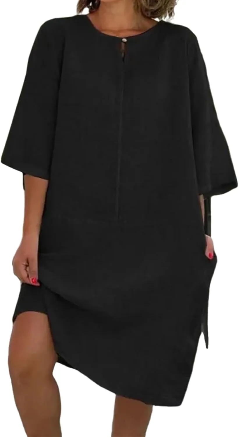 Womens Cotton Linen Shift Dress Summer Midi Dresses with Pockets Oversized Casual T-Shirt Dresses Solid Shirt Dress