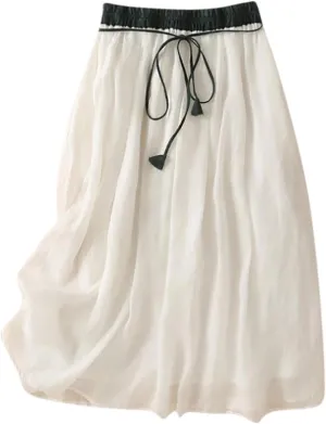 Women's Cotton Linen Skirts High Waist Skirt Vintage Solid Color Wrap Skirt Layered Drawstring Knee Length Skirt