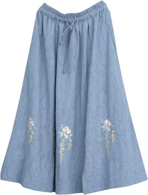 Womens Cotton Linen Skirts Summer Casual Plus Size High Waisted Drawstring Vintage Floral Embroidered Midi Skirt