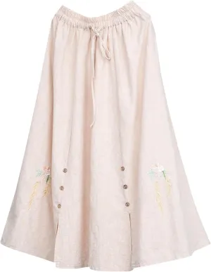 Womens Cotton Linen Skirts Summer Casual Plus Size High Waisted Drawstring Vintage Floral Embroidered Midi Skirt