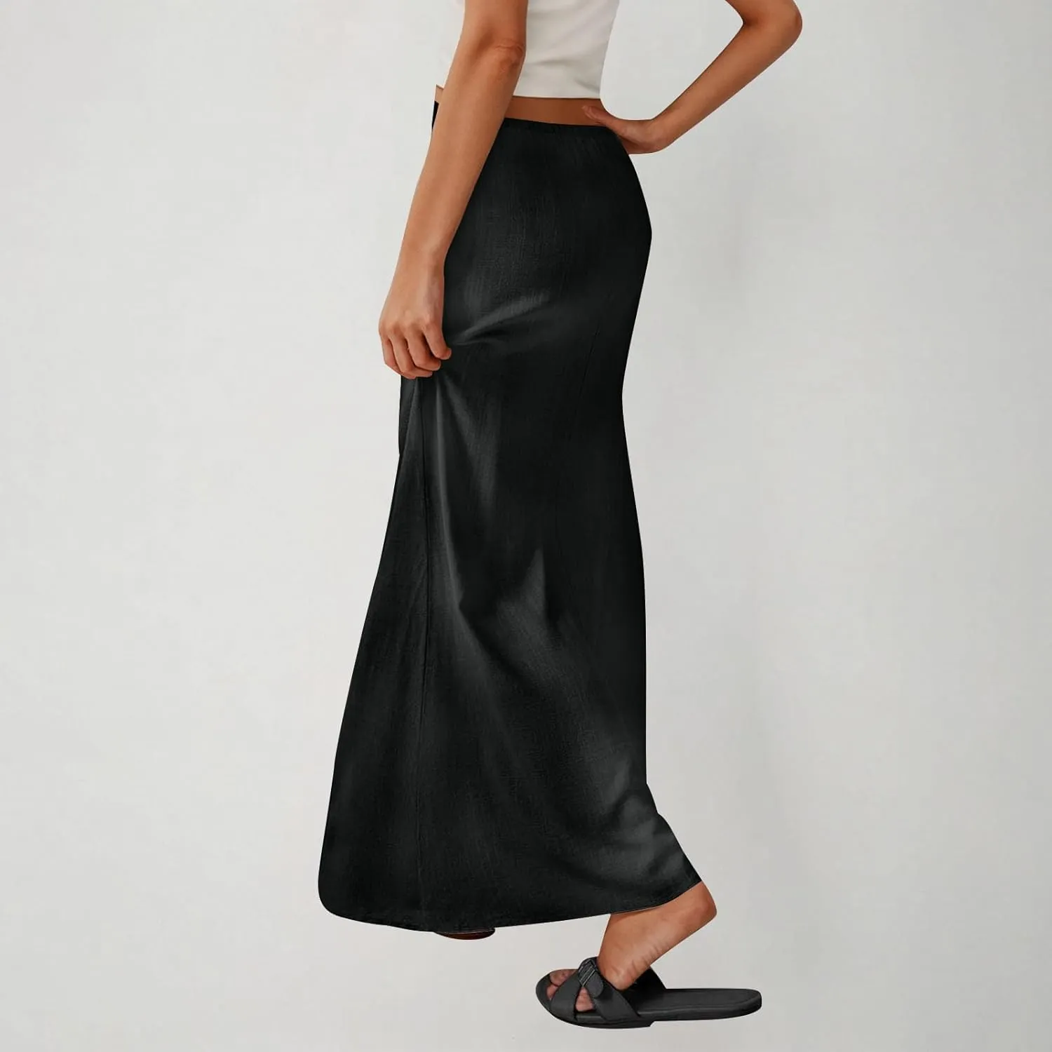 Women's Cotton Linen Skirts Summer Solid Color Elastic Waist Drawstring Skirt Casual Summer Flowy Ankle Length Skirt