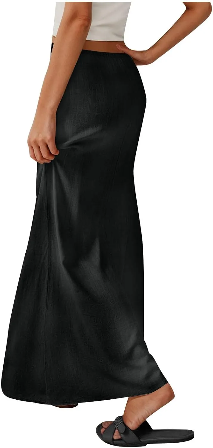 Women's Cotton Linen Skirts Summer Solid Color Elastic Waist Drawstring Skirt Casual Summer Flowy Ankle Length Skirt