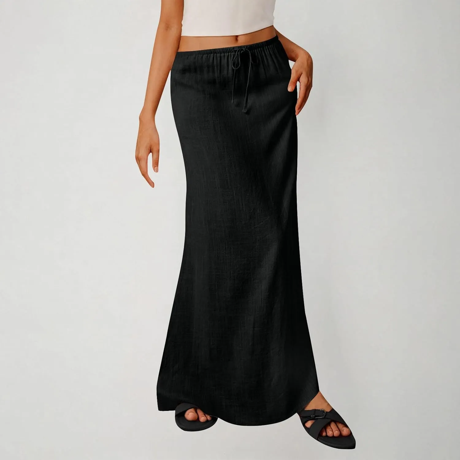 Women's Cotton Linen Skirts Summer Solid Color Elastic Waist Drawstring Skirt Casual Summer Flowy Ankle Length Skirt