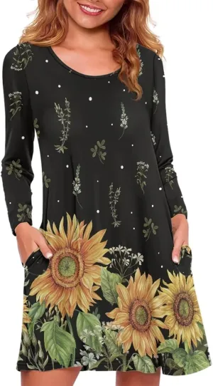 Women'S Crew Neck Long Sleeve Swing Shirt Dresses Sunfloral Print Loose Flowy Shirt Dress