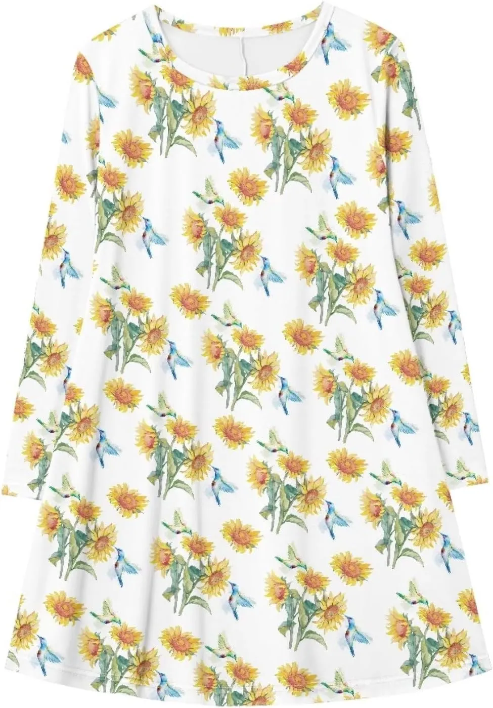 Women'S Crew Neck Long Sleeve Swing Shirt Dresses Sunfloral Print Loose Flowy Shirt Dress