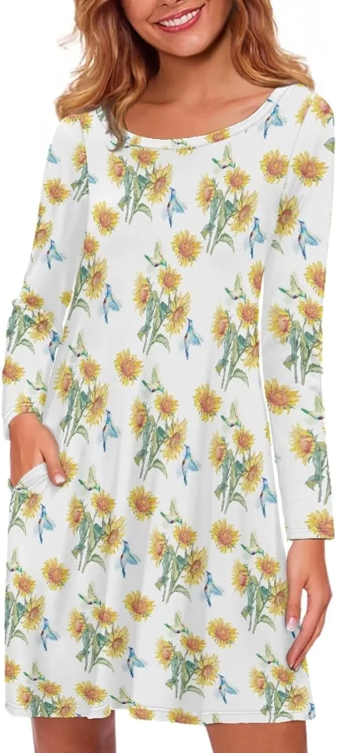 Women'S Crew Neck Long Sleeve Swing Shirt Dresses Sunfloral Print Loose Flowy Shirt Dress