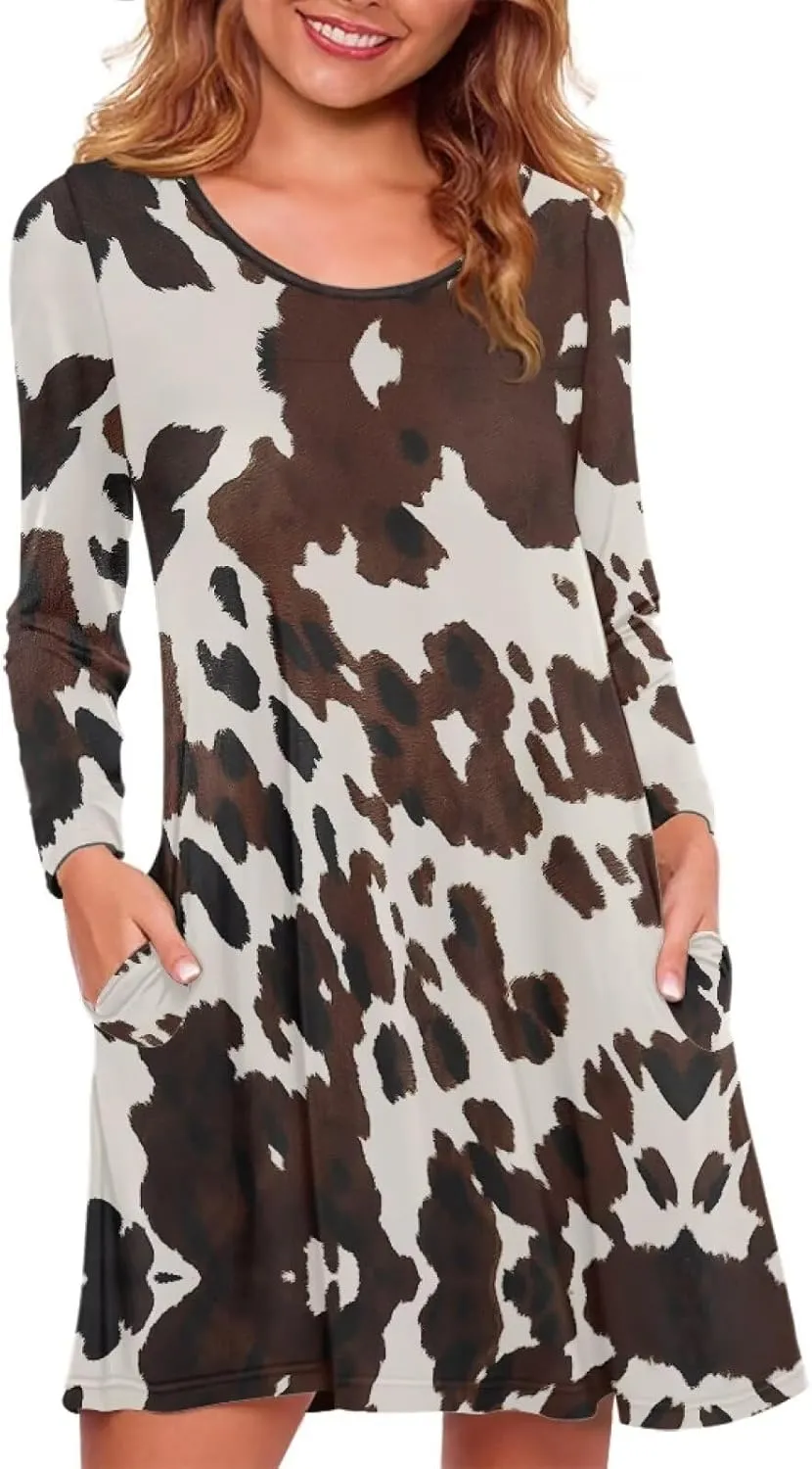 Women'S Crew Neck Long Sleeve Swing Shirt Dresses Sunfloral Print Loose Flowy Shirt Dress
