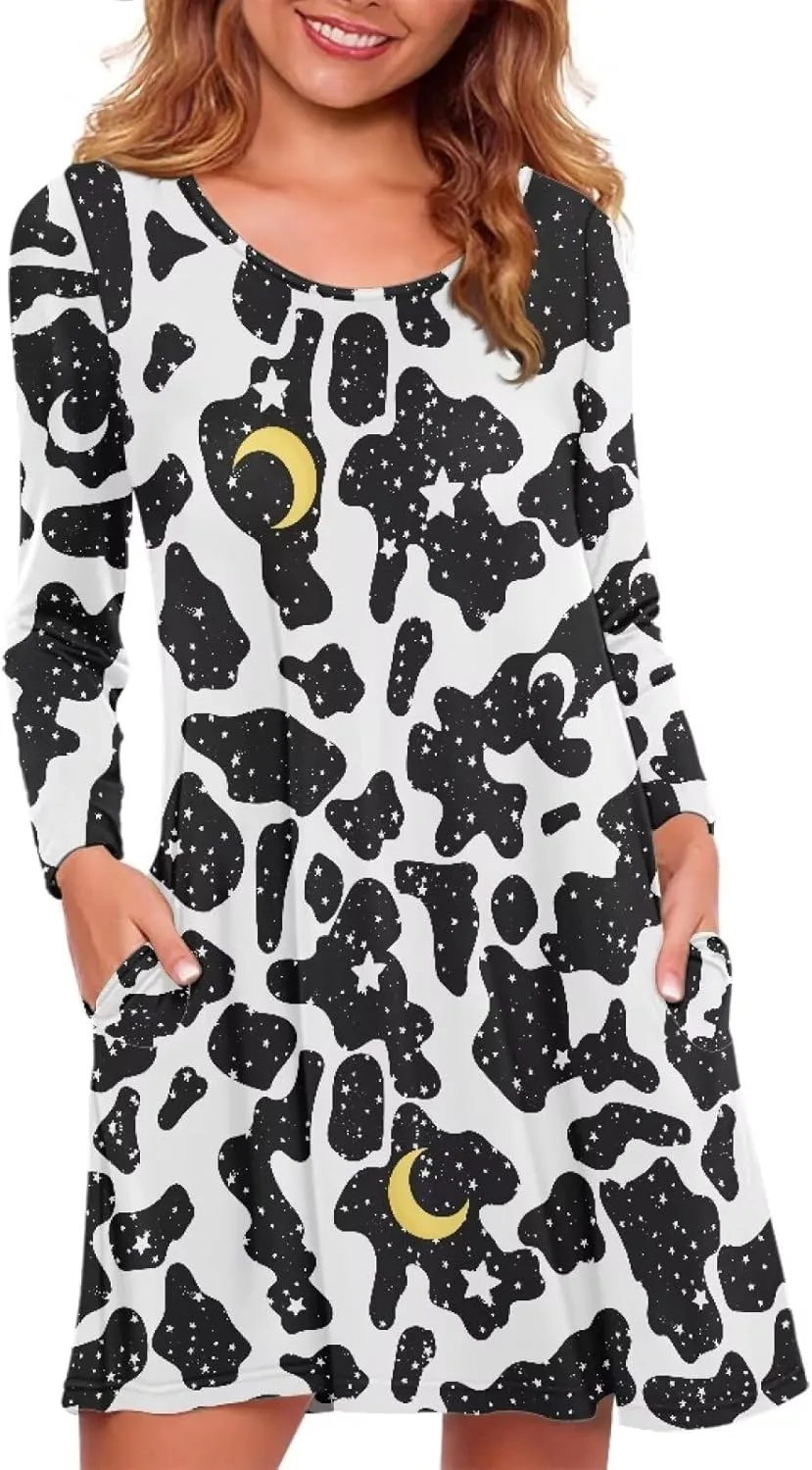 Women'S Crew Neck Long Sleeve Swing Shirt Dresses Sunfloral Print Loose Flowy Shirt Dress