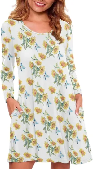 Women'S Crew Neck Long Sleeve Swing Shirt Dresses Sunfloral Print Loose Flowy Shirt Dress