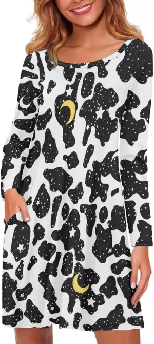 Women'S Crew Neck Long Sleeve Swing Shirt Dresses Sunfloral Print Loose Flowy Shirt Dress