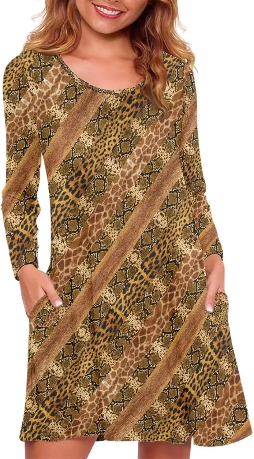 Women'S Crew Neck Long Sleeve Swing Shirt Dresses Sunfloral Print Loose Flowy Shirt Dress