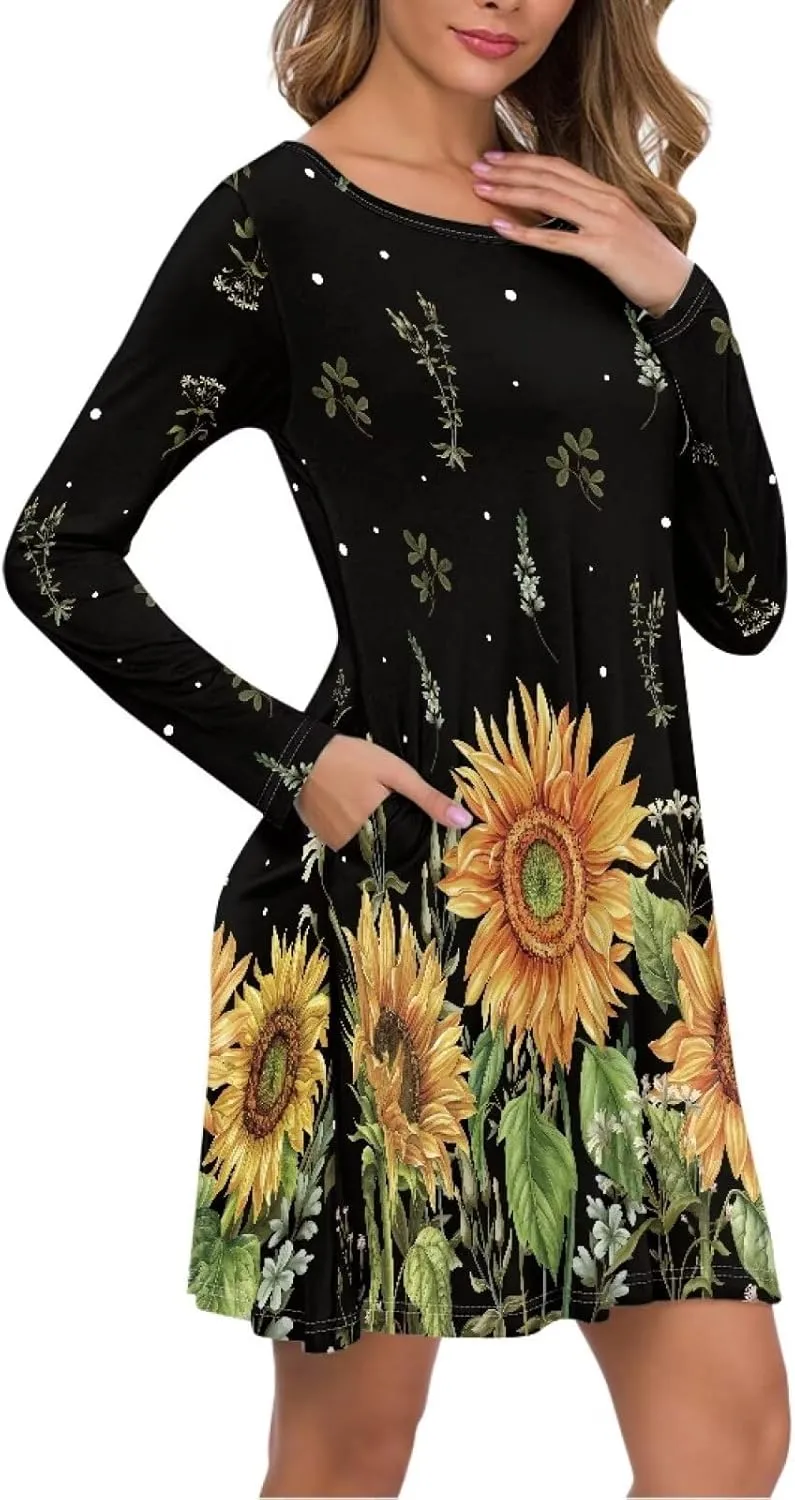 Women'S Crew Neck Long Sleeve Swing Shirt Dresses Sunfloral Print Loose Flowy Shirt Dress
