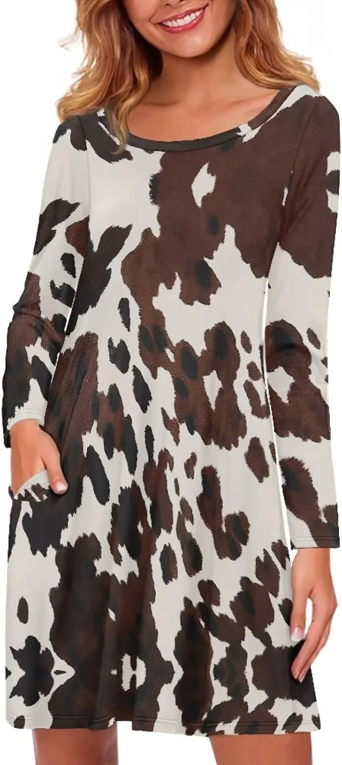 Women'S Crew Neck Long Sleeve Swing Shirt Dresses Sunfloral Print Loose Flowy Shirt Dress