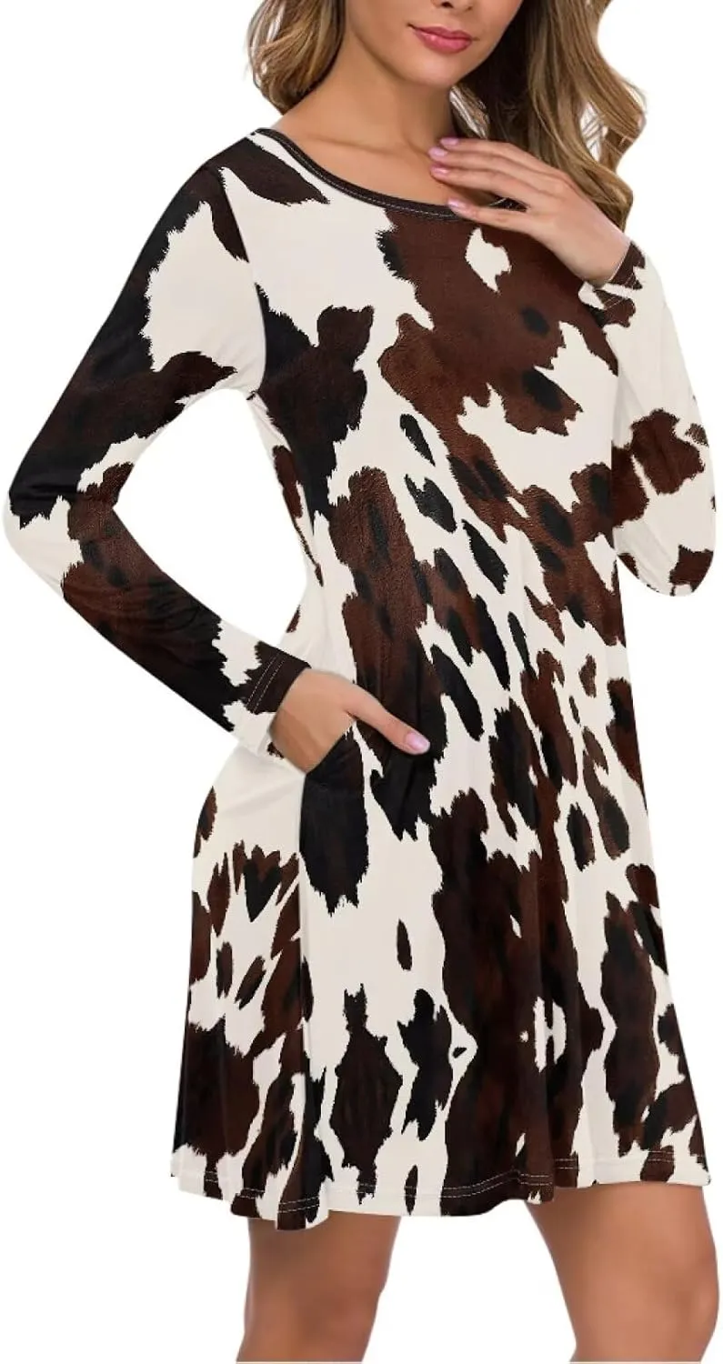 Women'S Crew Neck Long Sleeve Swing Shirt Dresses Sunfloral Print Loose Flowy Shirt Dress