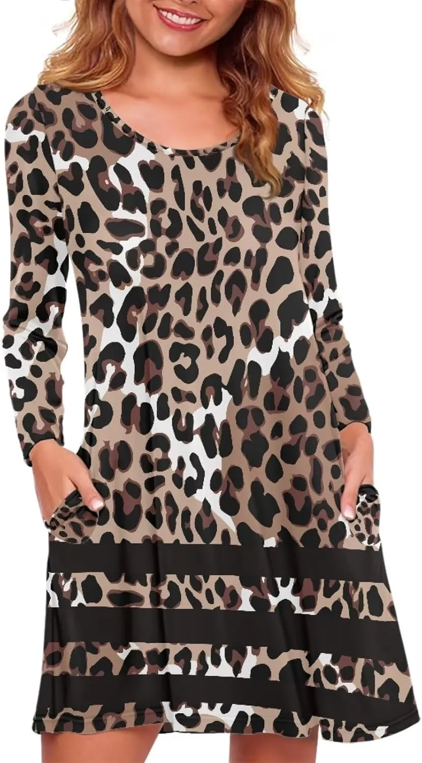 Women'S Crew Neck Long Sleeve Swing Shirt Dresses Sunfloral Print Loose Flowy Shirt Dress