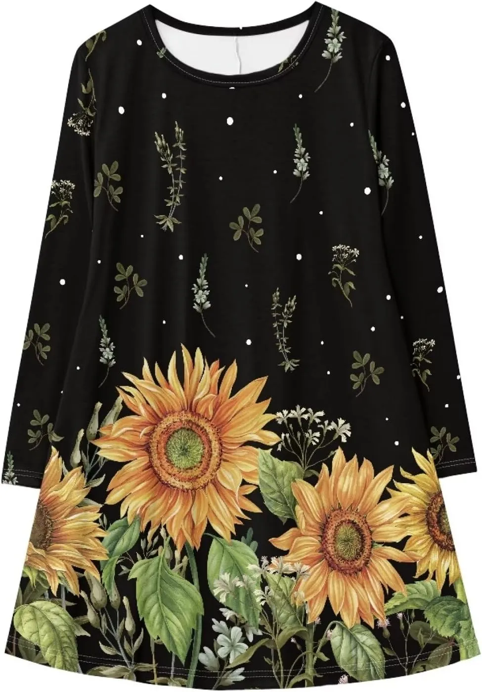 Women'S Crew Neck Long Sleeve Swing Shirt Dresses Sunfloral Print Loose Flowy Shirt Dress