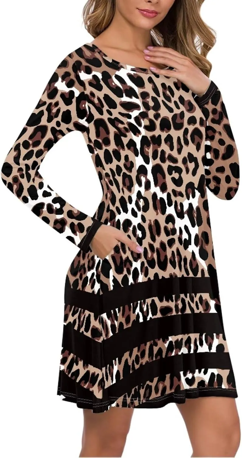 Women'S Crew Neck Long Sleeve Swing Shirt Dresses Sunfloral Print Loose Flowy Shirt Dress