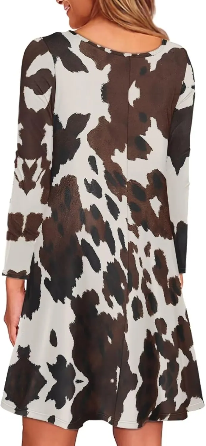 Women'S Crew Neck Long Sleeve Swing Shirt Dresses Sunfloral Print Loose Flowy Shirt Dress