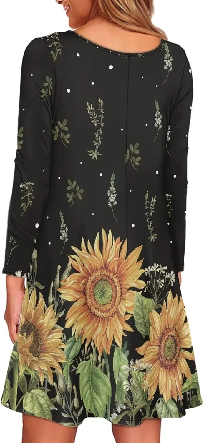 Women'S Crew Neck Long Sleeve Swing Shirt Dresses Sunfloral Print Loose Flowy Shirt Dress