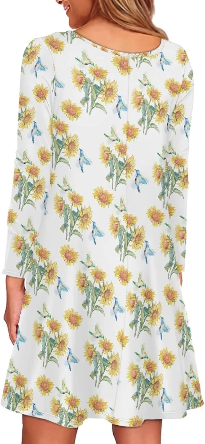 Women'S Crew Neck Long Sleeve Swing Shirt Dresses Sunfloral Print Loose Flowy Shirt Dress