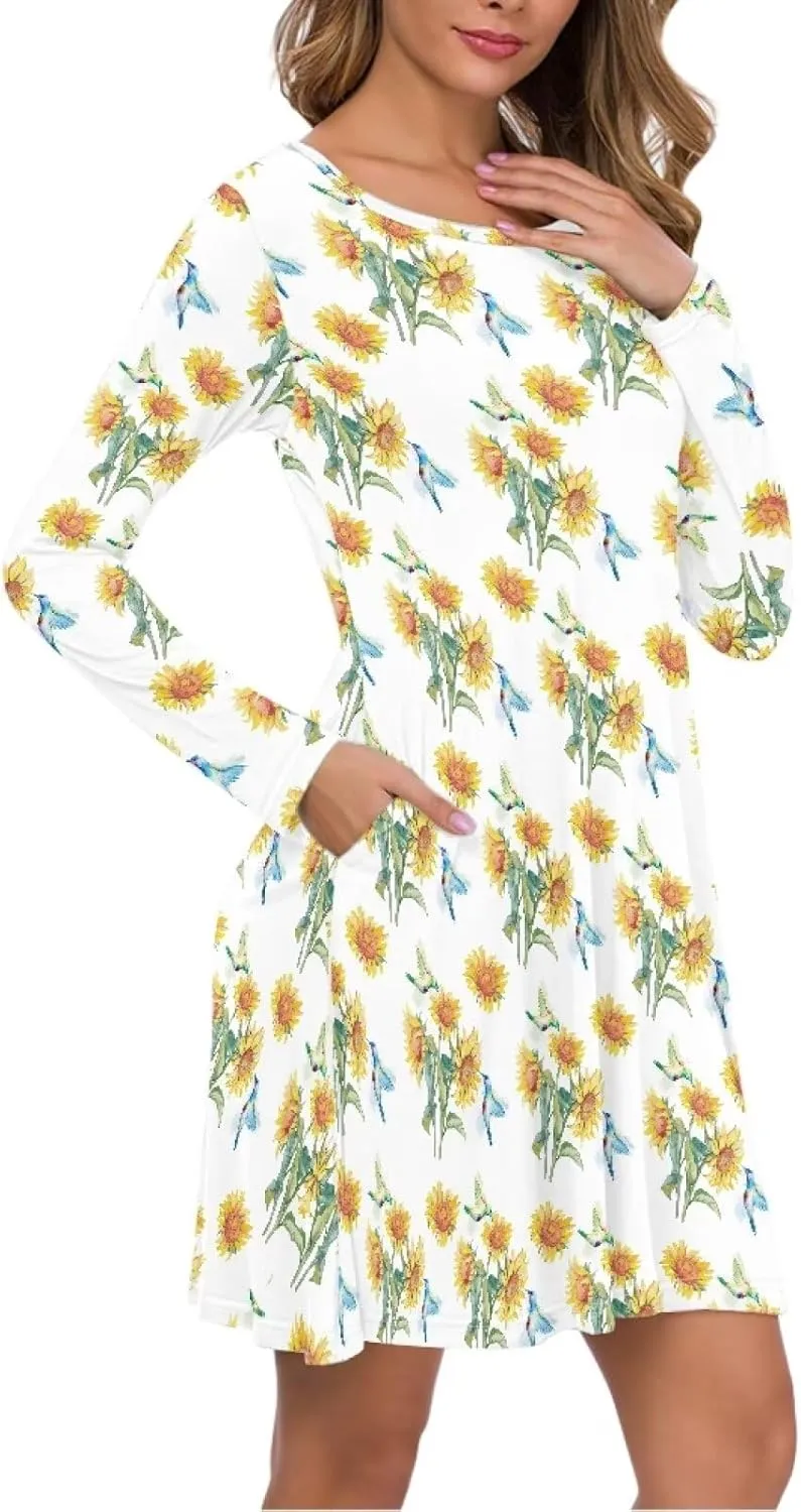 Women'S Crew Neck Long Sleeve Swing Shirt Dresses Sunfloral Print Loose Flowy Shirt Dress