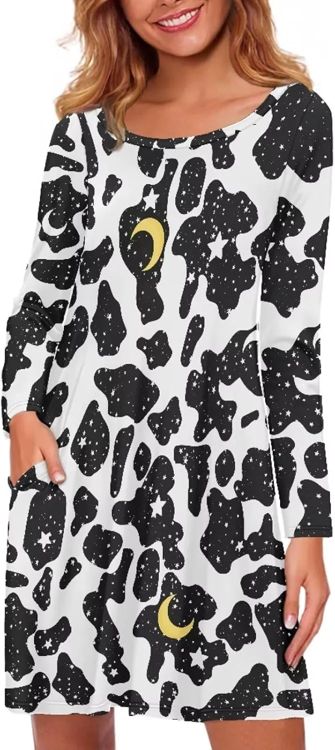 Women'S Crew Neck Long Sleeve Swing Shirt Dresses Sunfloral Print Loose Flowy Shirt Dress