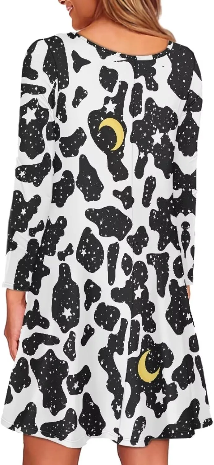Women'S Crew Neck Long Sleeve Swing Shirt Dresses Sunfloral Print Loose Flowy Shirt Dress