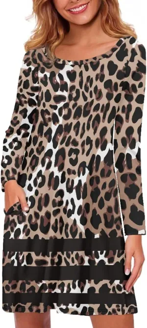 Women'S Crew Neck Long Sleeve Swing Shirt Dresses Sunfloral Print Loose Flowy Shirt Dress