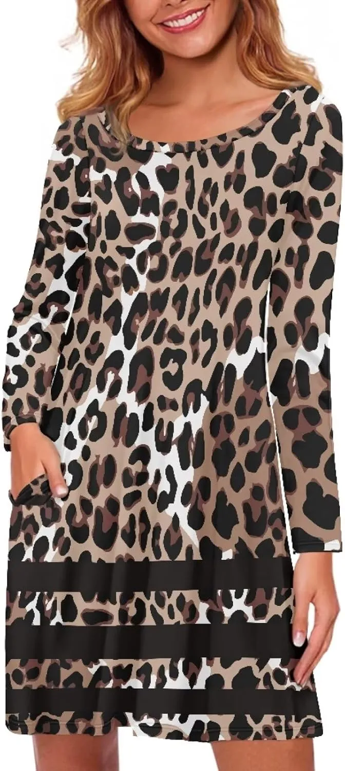 Women'S Crew Neck Long Sleeve Swing Shirt Dresses Sunfloral Print Loose Flowy Shirt Dress