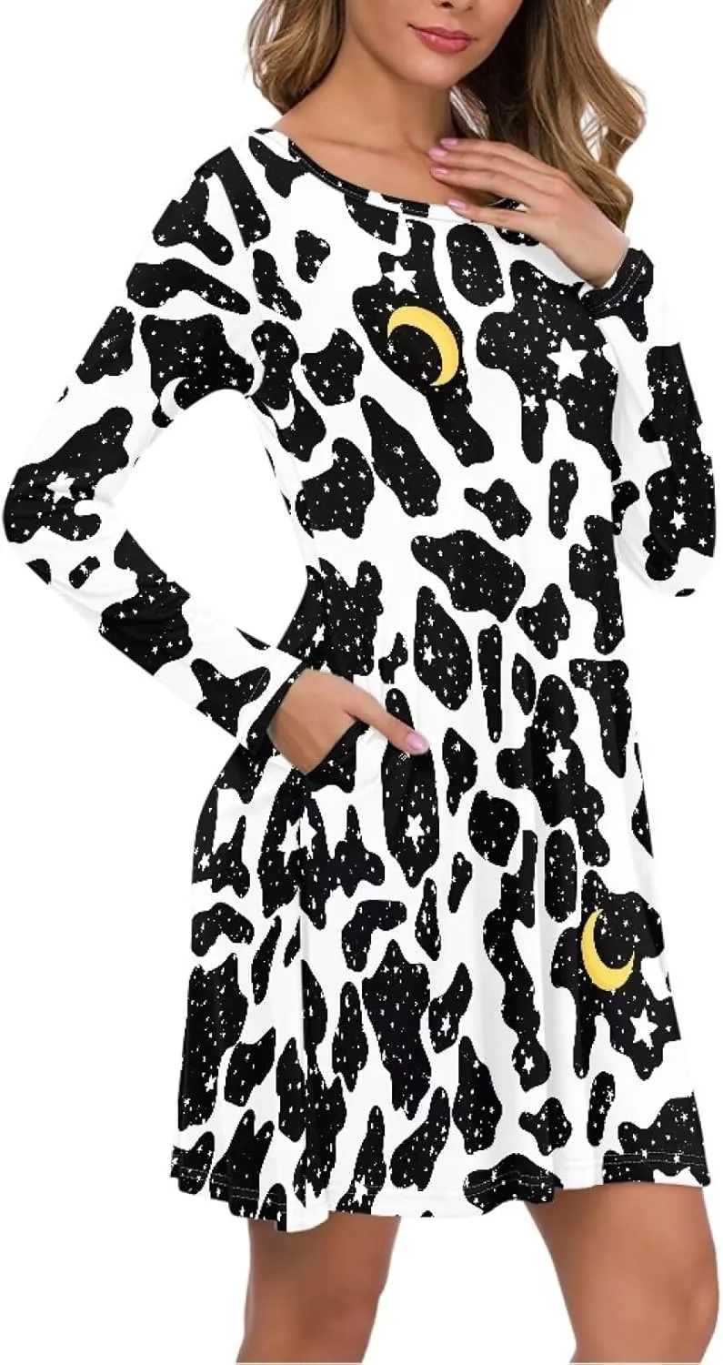 Women'S Crew Neck Long Sleeve Swing Shirt Dresses Sunfloral Print Loose Flowy Shirt Dress