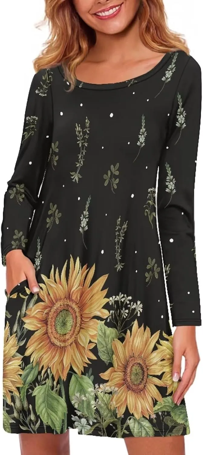 Women'S Crew Neck Long Sleeve Swing Shirt Dresses Sunfloral Print Loose Flowy Shirt Dress