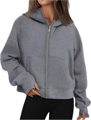 Womens Cropped Jacket Casual Zip Up Sweatshirts Long Sleeve Fleece Hoodies Loose Fit Pockets Hoodies with Thumb Hole