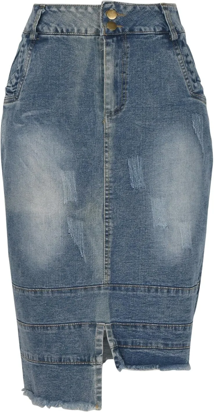 Women's Destroyed Mid Length Denim Wrap Skirt Asymmetrical Hem Bodycon Cowboy Skirts Spring Trendy Casual Skirt