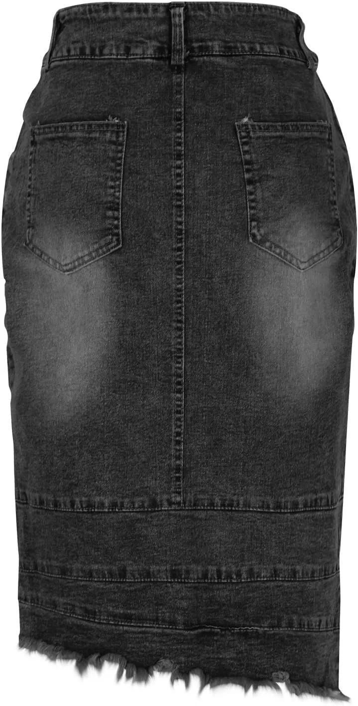 Women's Destroyed Mid Length Denim Wrap Skirt Asymmetrical Hem Bodycon Cowboy Skirts Spring Trendy Casual Skirt