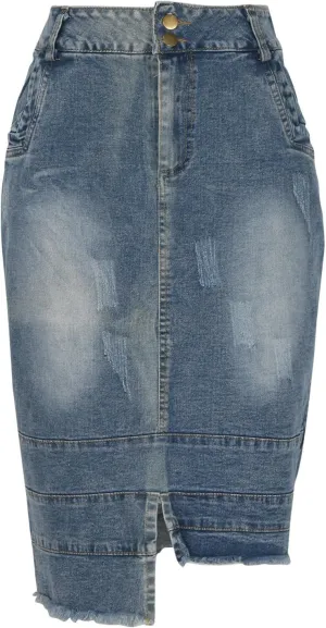 Women's Destroyed Mid Length Denim Wrap Skirt Asymmetrical Hem Bodycon Cowboy Skirts Spring Trendy Casual Skirt