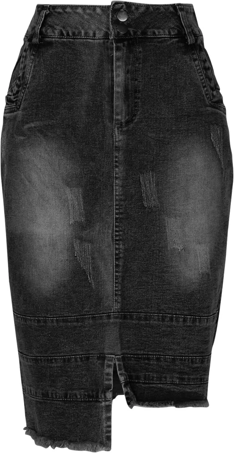 Women's Destroyed Mid Length Denim Wrap Skirt Asymmetrical Hem Bodycon Cowboy Skirts Spring Trendy Casual Skirt