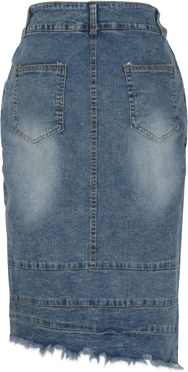 Women's Destroyed Mid Length Denim Wrap Skirt Asymmetrical Hem Bodycon Cowboy Skirts Spring Trendy Casual Skirt