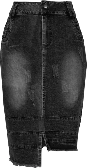 Women's Destroyed Mid Length Denim Wrap Skirt Asymmetrical Hem Bodycon Cowboy Skirts Spring Trendy Casual Skirt